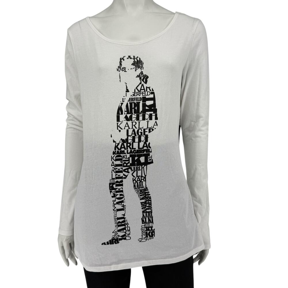 Karl Lagerfeld White Graphic Long Sleeve Cotton Top – Size M